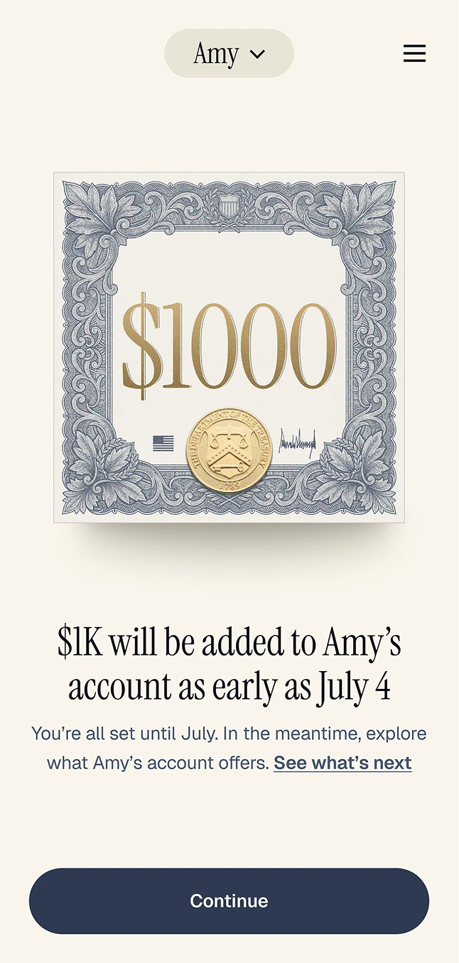 Trump Accounts app showing a child's investment account balance